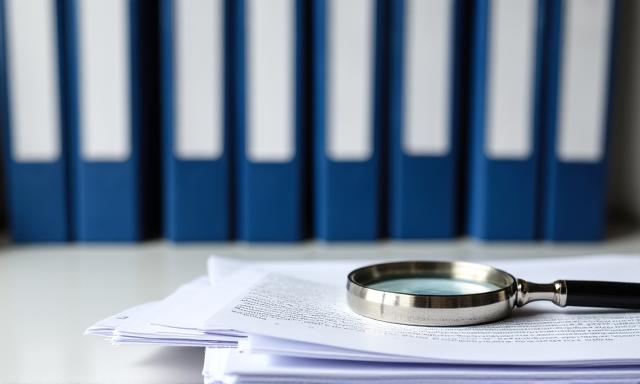 A desk with organized legal files and a magnifying glass