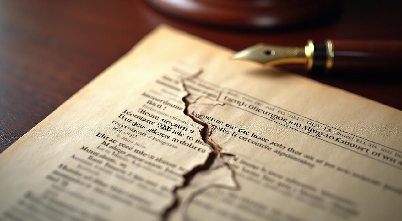 A conceptual image of a cracked legal document on a dark mahogany desk