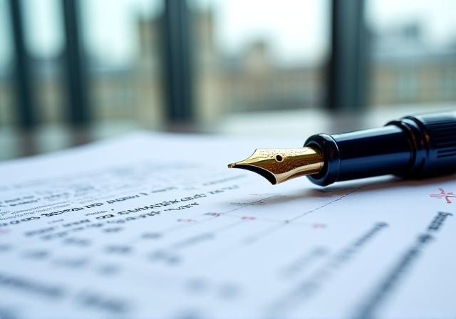 Legal professional reviewing a complex contract with a magnifying glass metaphor